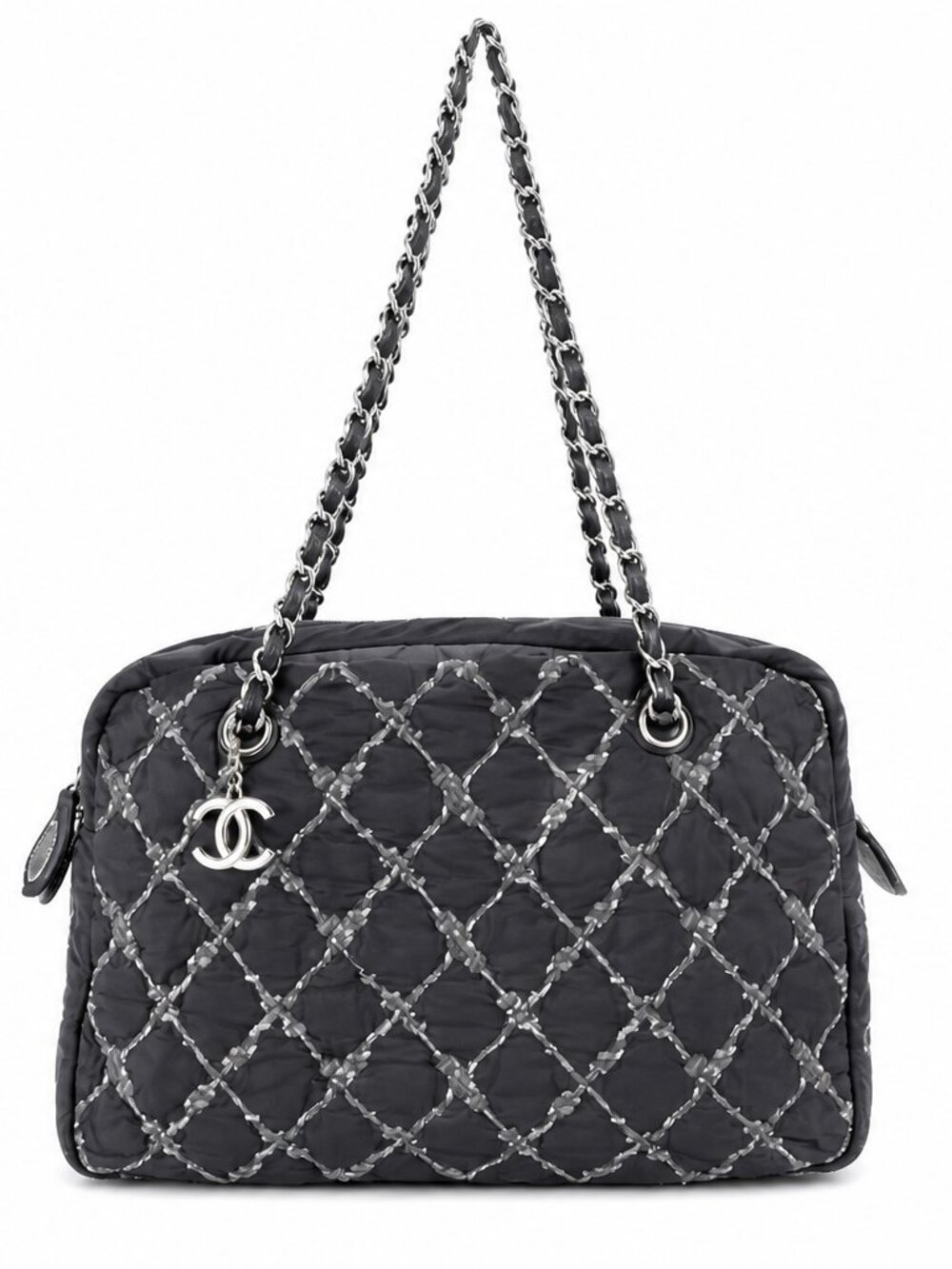 Chanel Tweed On Stitch Bubble Bowling Bag Black Nylon SHW Chain Shoulder Bag